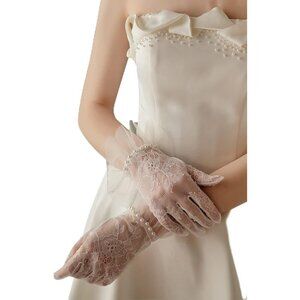 Women's Lvory Pearl Short Ruffled Lace Design Gloves Wedding Party Accessories